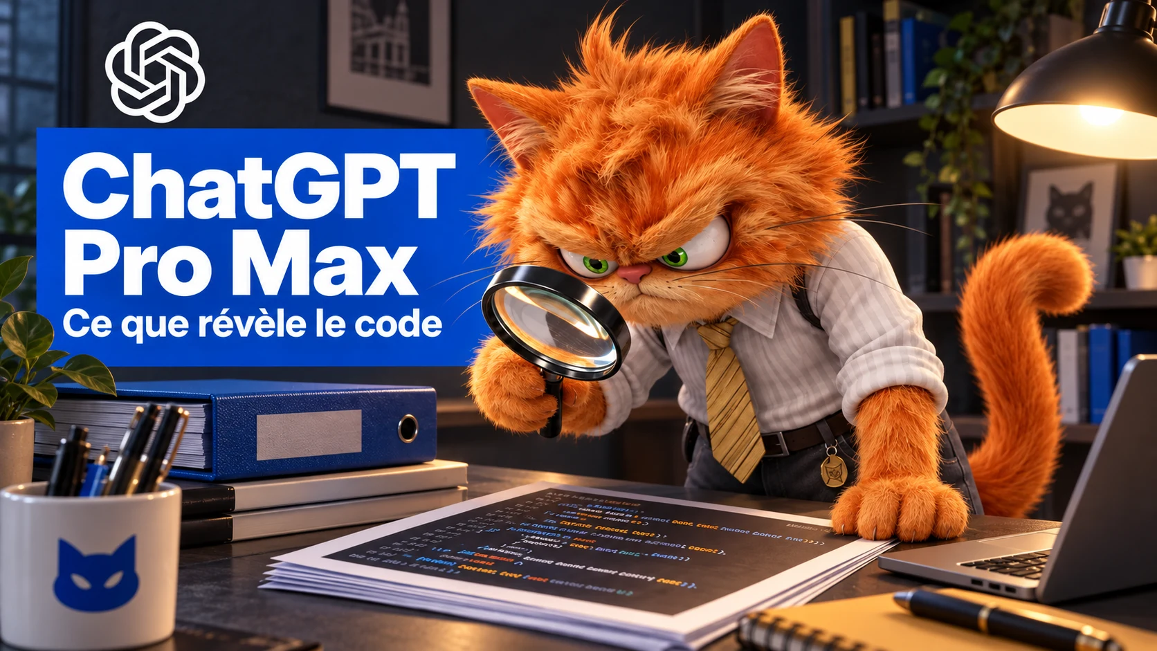 La mascotte chat ToolsBoxSEO examine le code de ChatGPT Pro Max dans un bureau sombre, avec la rosace OpenAI.