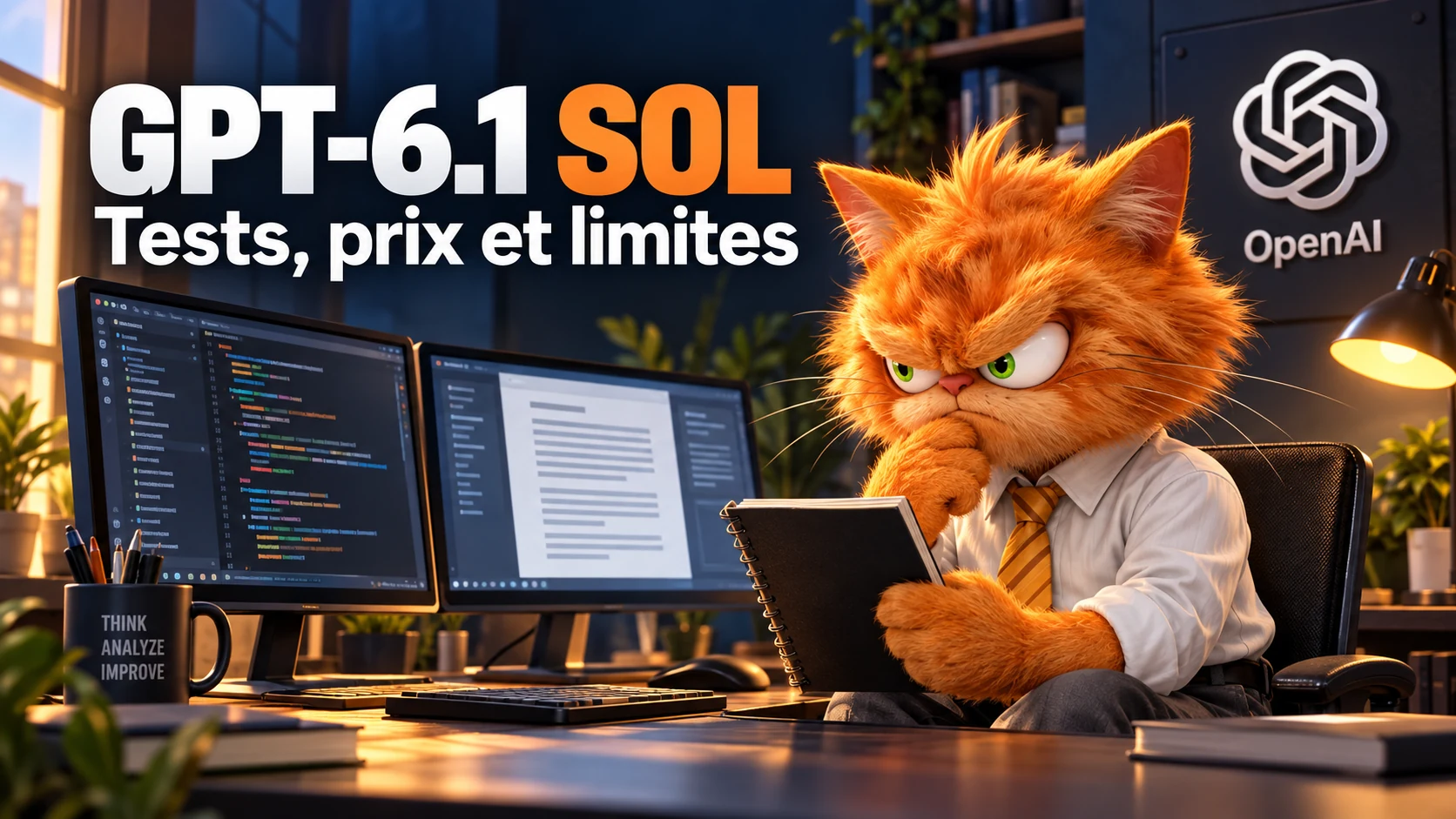 GPT-6.1 Sol : la mascotte chat ToolsBoxSEO compare du code et des documents, avec la rosace officielle OpenAI dans un bureau éclairé par le soleil.