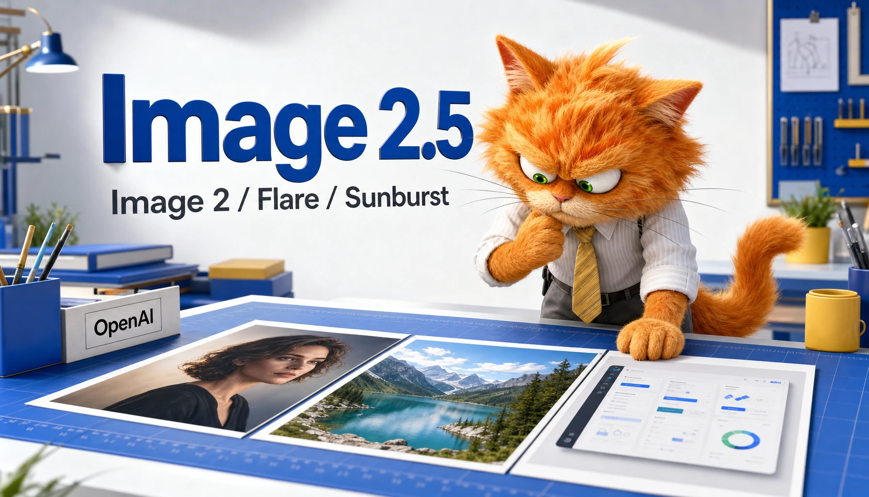 La mascotte chat ToolsBoxSEO examine un portrait, un paysage et une maquette pour comparer Image 2, Flare et Sunburst d’OpenAI.