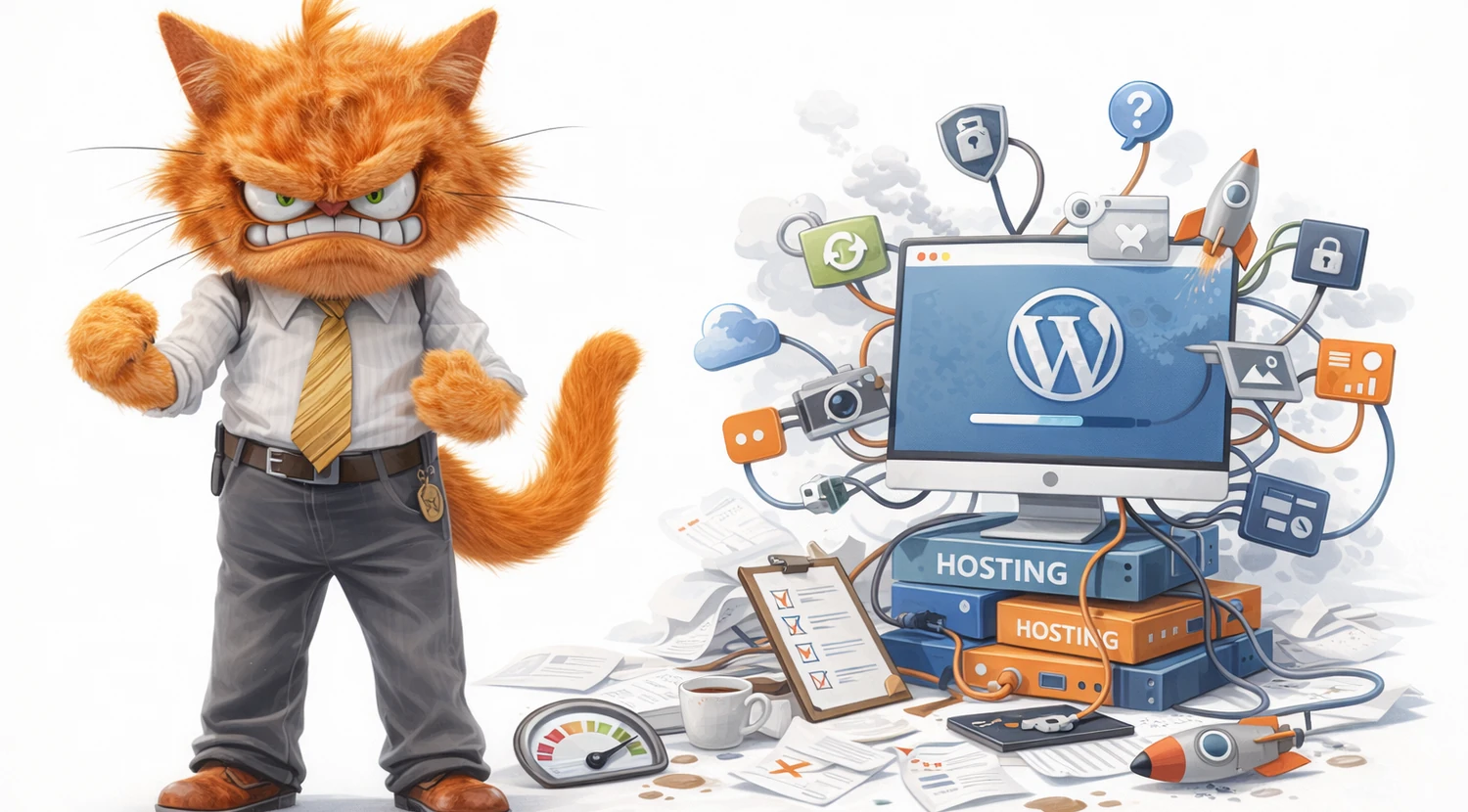 Mascotte ToolsBoxSEO face à un lancement WordPress encombré de plugins, checklists et mauvais choix techniques.