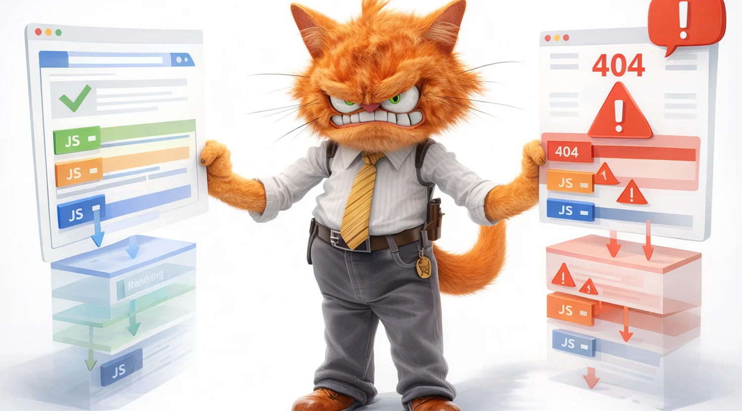 Mascotte ToolsBoxSEO inspectant une page JavaScript avec un statut HTTP non-200 dans Google Search.