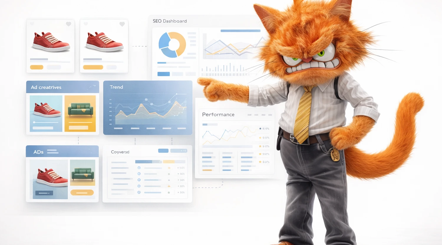 Mascotte ToolsBoxSEO comparant des outils mutualisés pour l'e-commerce, les publicités et la recherche produit.