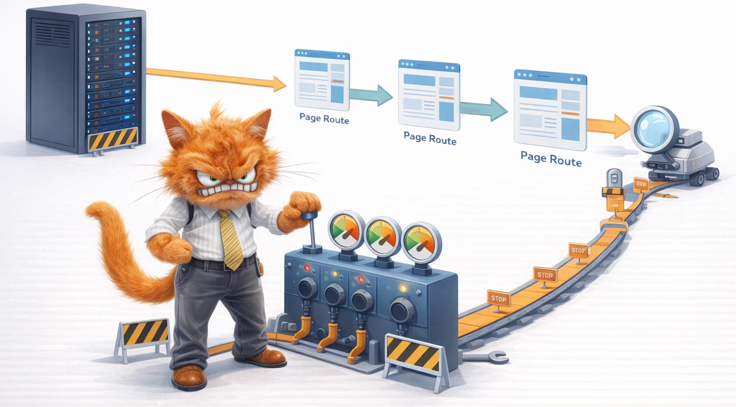 Mascotte ToolsBoxSEO régulant des flux de crawl entre Googlebot, un serveur et des pages web.