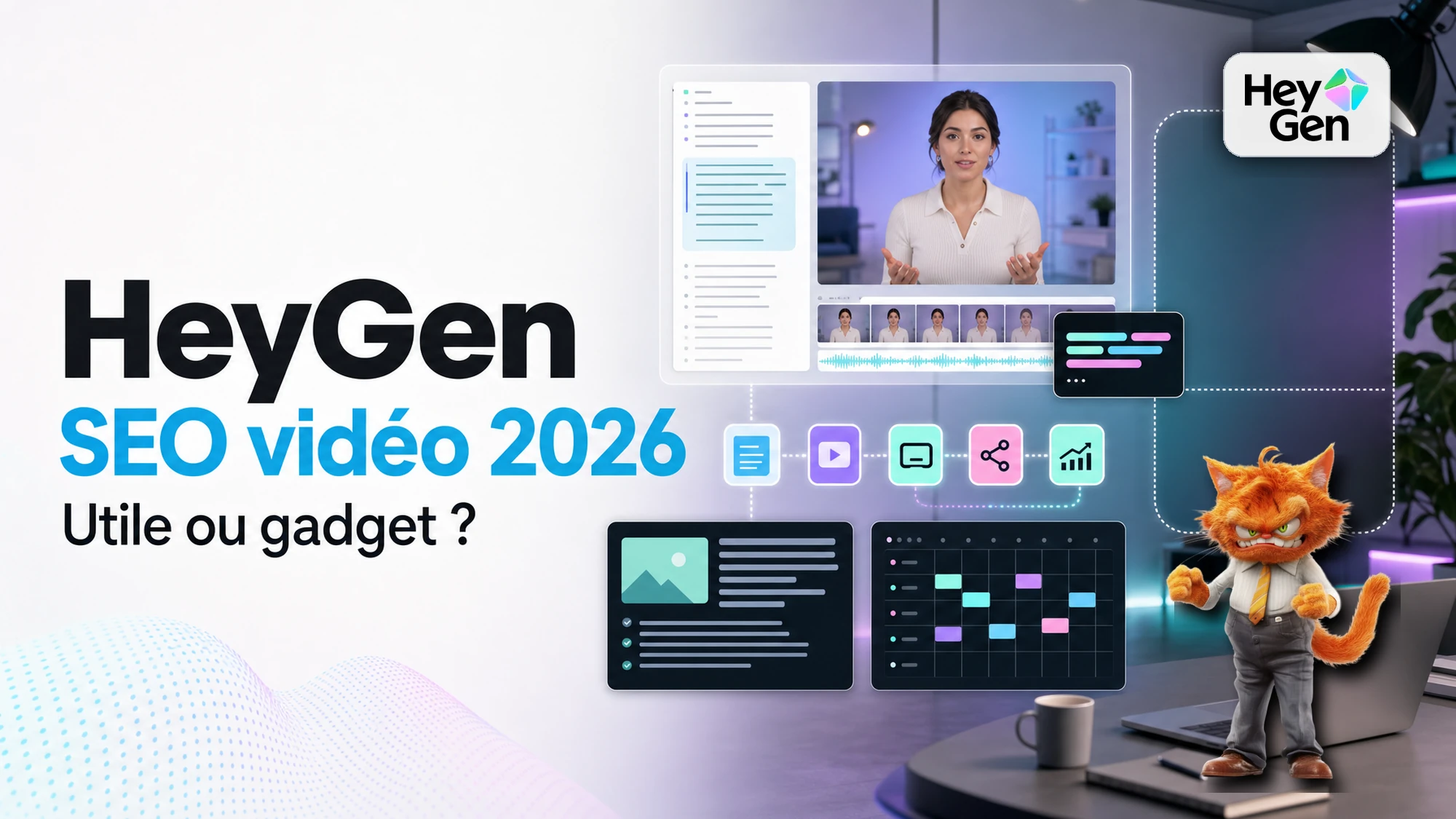 Cover ToolsBoxSEO de l'article HeyGen SEO vidéo 2026 avec logo officiel HeyGen et mascotte.