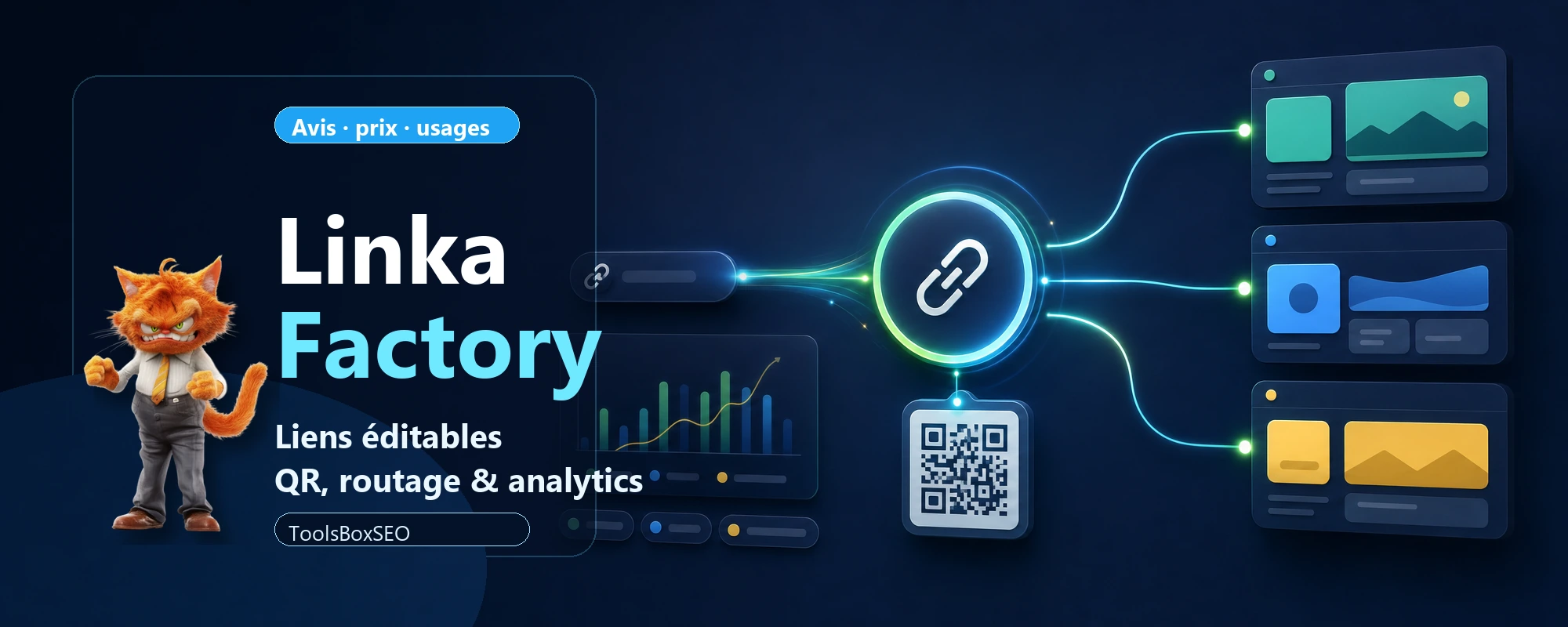 Mascotte ToolsBoxSEO présentant Linka Factory avec liens éditables, QR codes dynamiques, routage et analytics de clics.