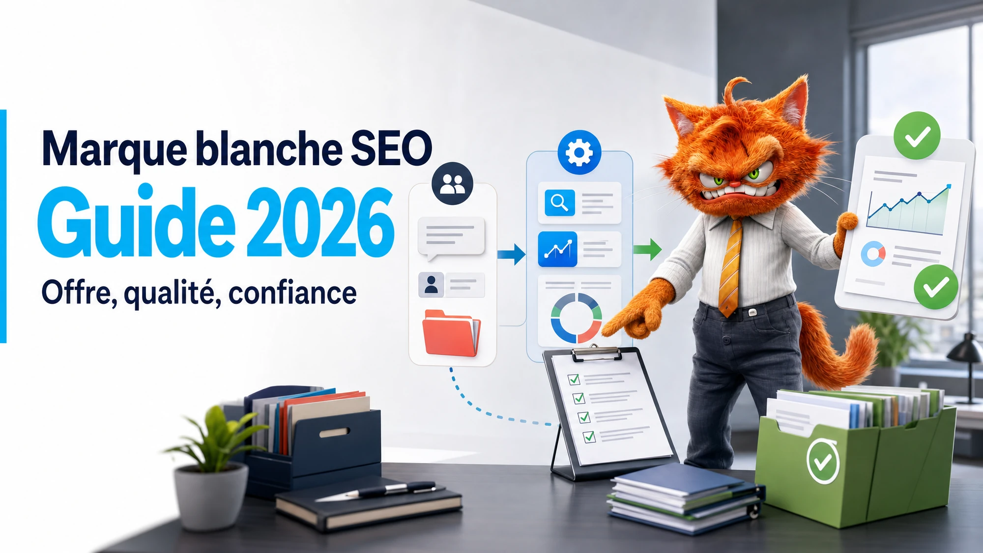 Cover ToolsBoxSEO sur la marque blanche SEO avec la mascotte qui organise les échanges entre agence, client et production.