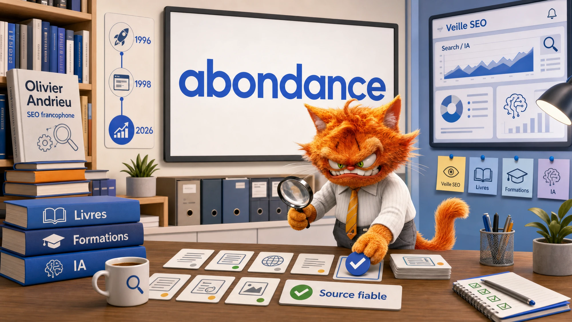Mascotte ToolsBoxSEO analysant Abondance et Olivier Andrieu comme source SEO francophone fiable en 2026.