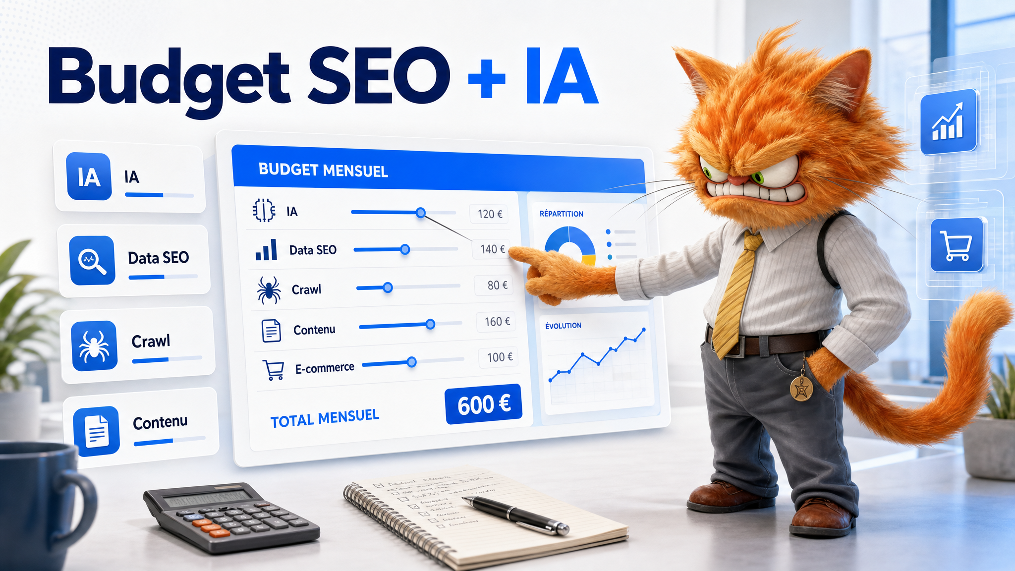 Chat mascotte ToolsBoxSEO calculant une stack SEO et IA pour freelance avec curseurs de budget, outils et clients.