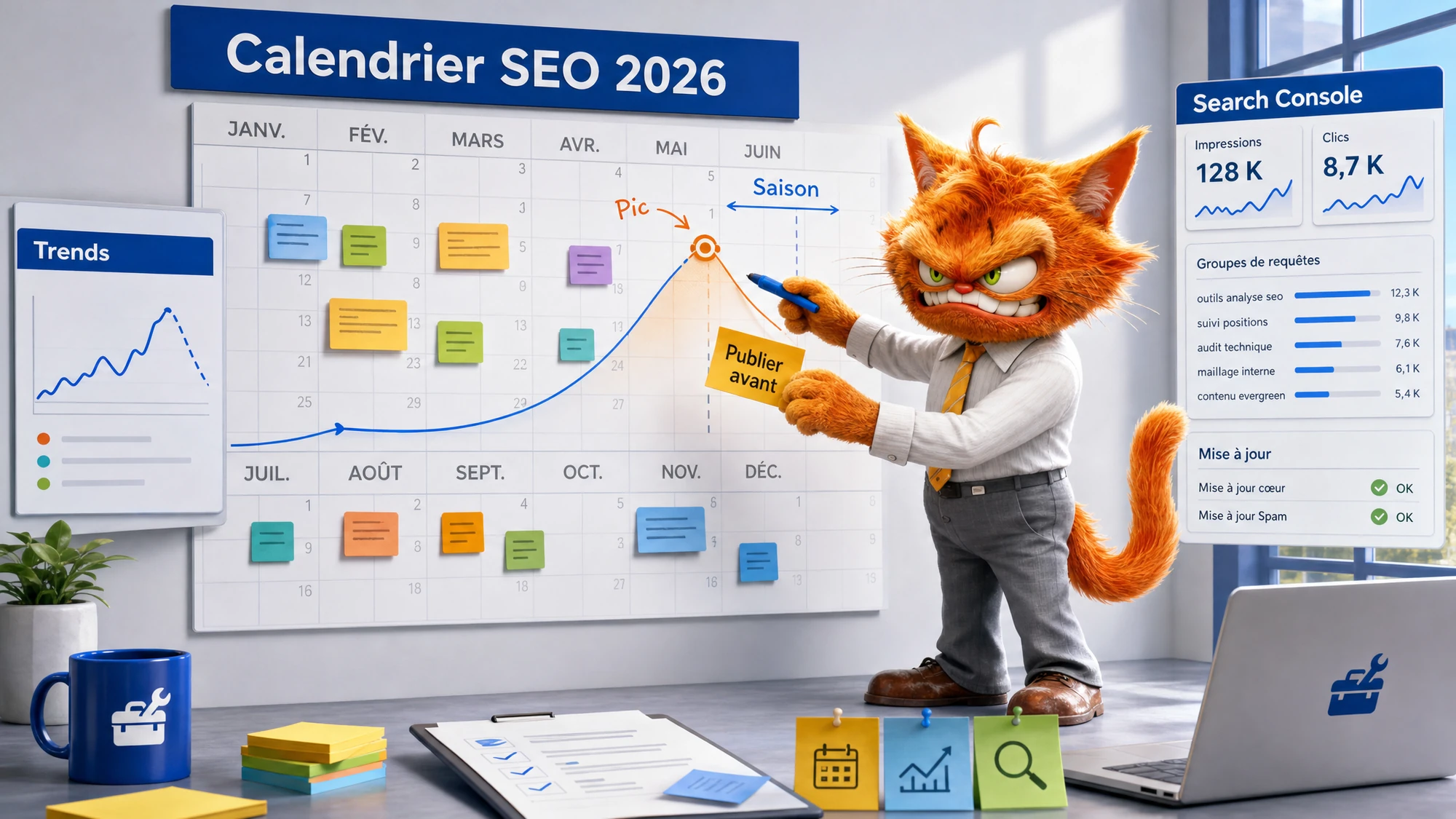 Mascotte ToolsBoxSEO planifiant un calendrier SEO 2026 avec Google Trends et Search Console.