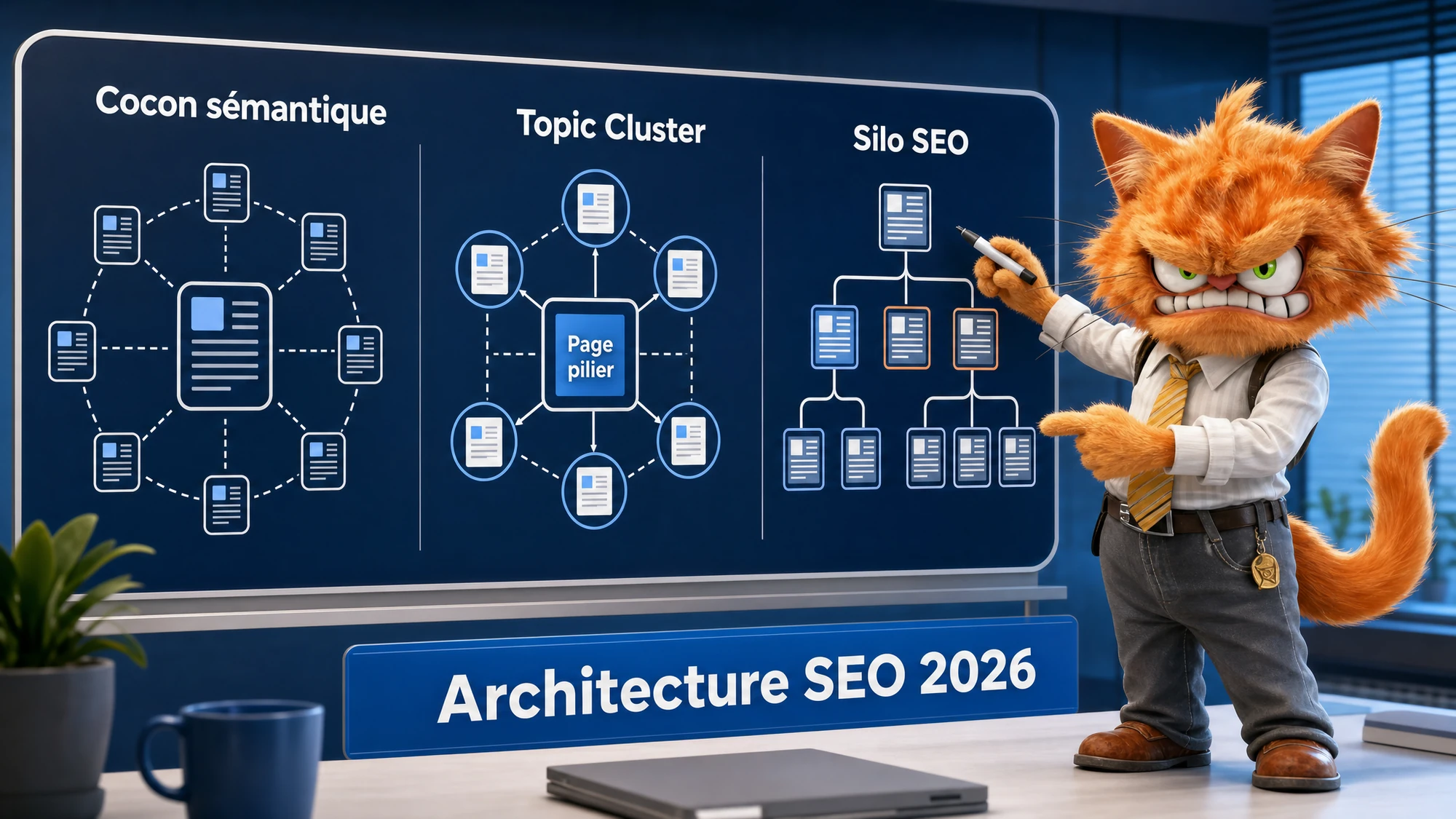 Chat mascotte ToolsBoxSEO comparant un cocon sémantique, un topic cluster et un silo SEO sur un tableau d'architecture de site.
