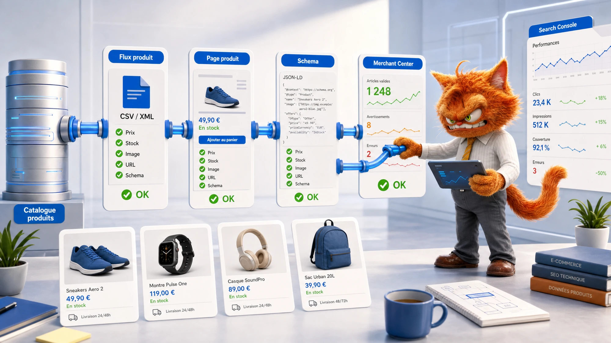 Mascotte ToolsBoxSEO synchronisant un flux produit Merchant Center avec pages produits, prix, stock, images et données structurées.