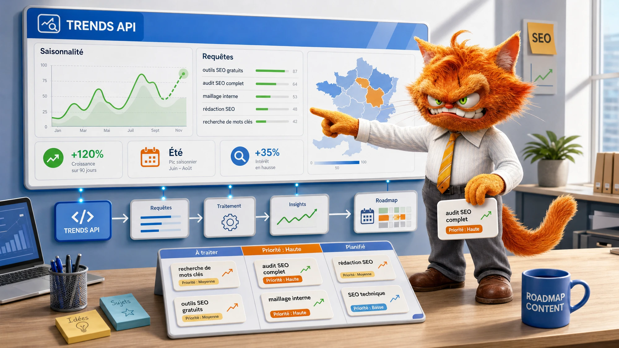 Mascotte ToolsBoxSEO analysant une interface fictive Google Trends API pour prioriser des sujets SEO.
