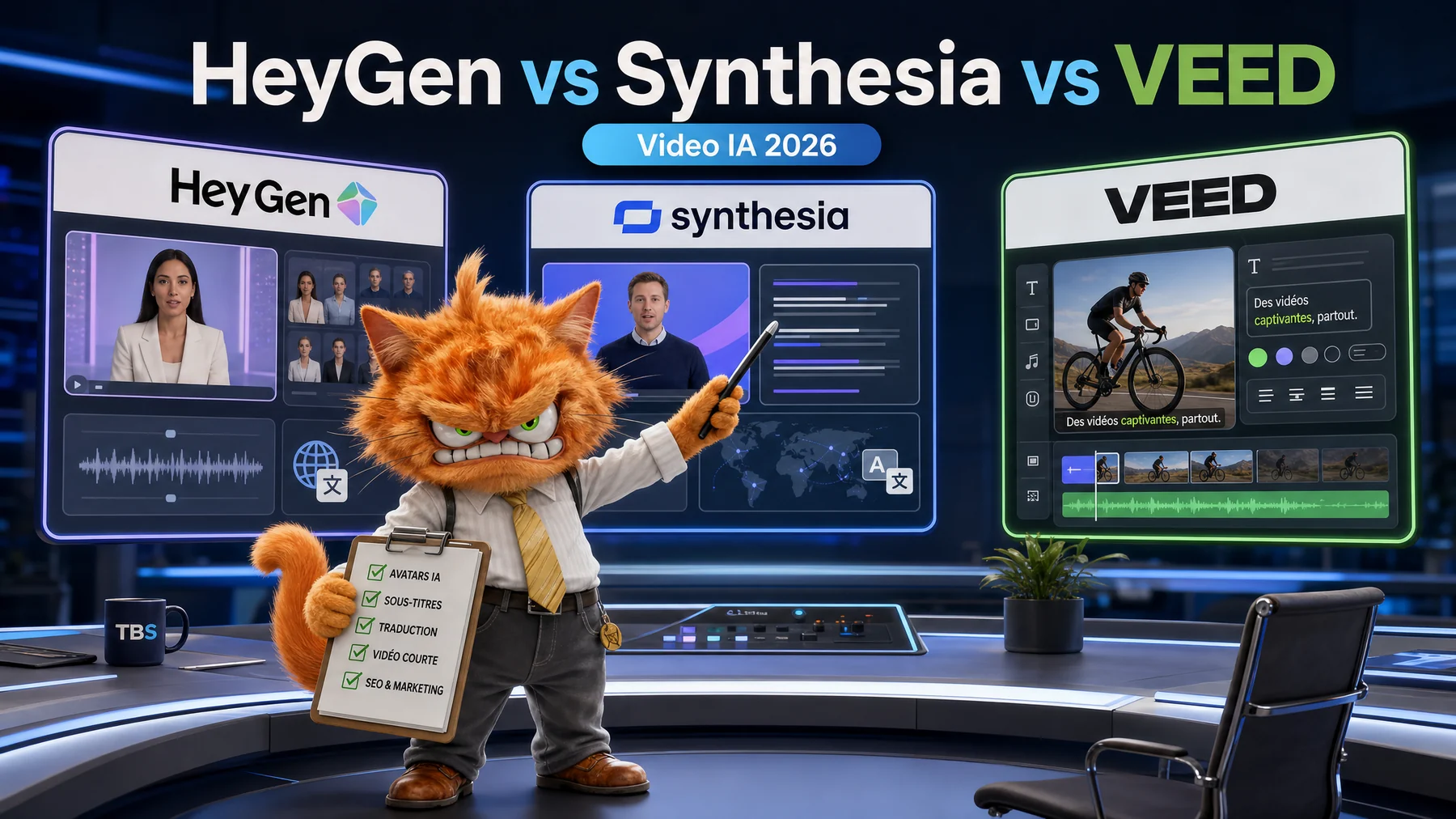 Mascotte chat ToolsBoxSEO comparant HeyGen, Synthesia et VEED pour créer des vidéos IA marketing et SEO en 2026.