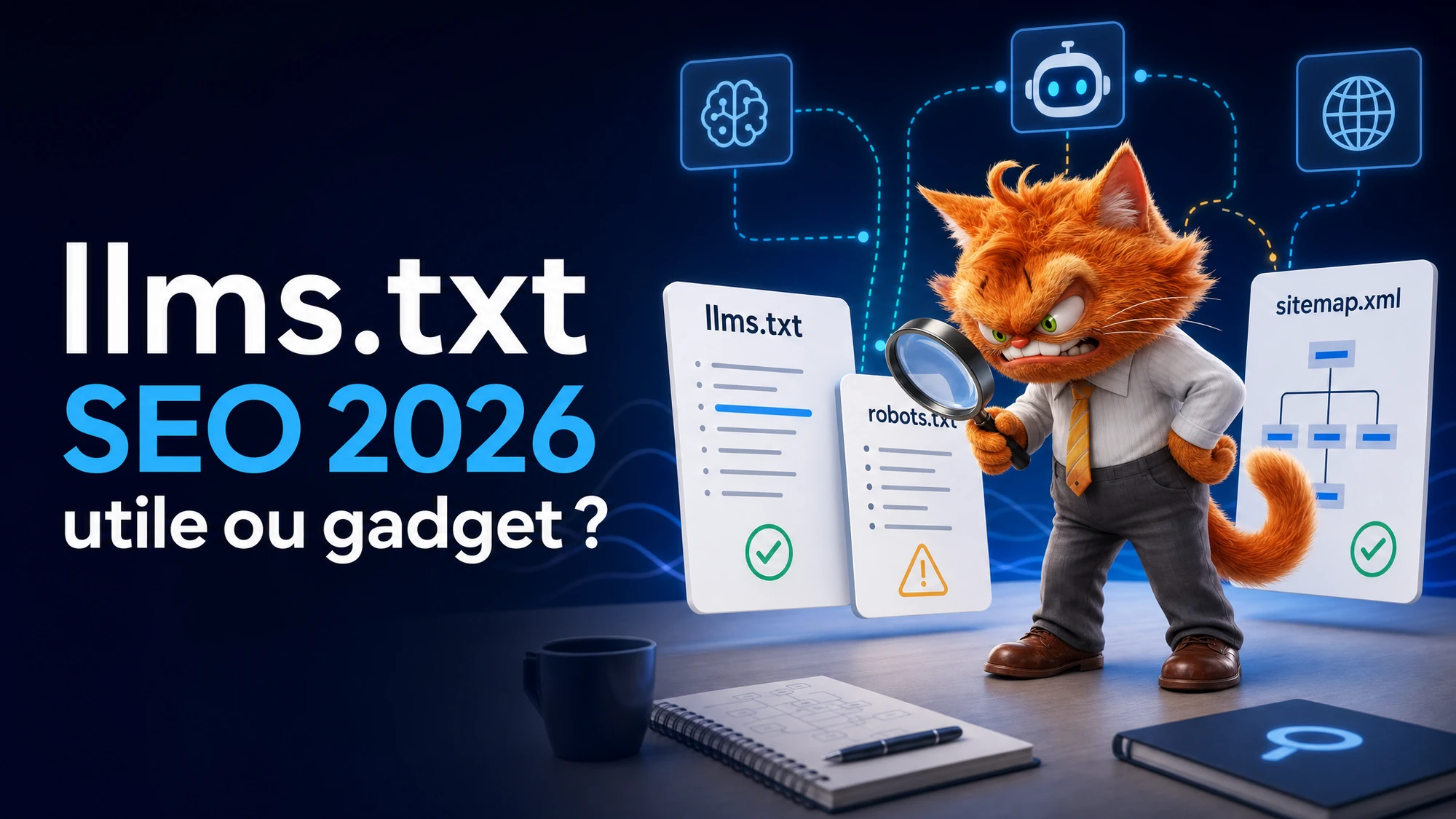 Mascotte ToolsBoxSEO inspectant un fichier llms.txt pour savoir s'il est utile en SEO en 2026.