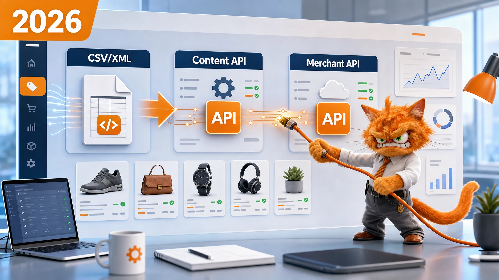 Mascotte chat ToolsBoxSEO reliant un flux CSV XML, Content API et Merchant API pour piloter les données produit Merchant Center.