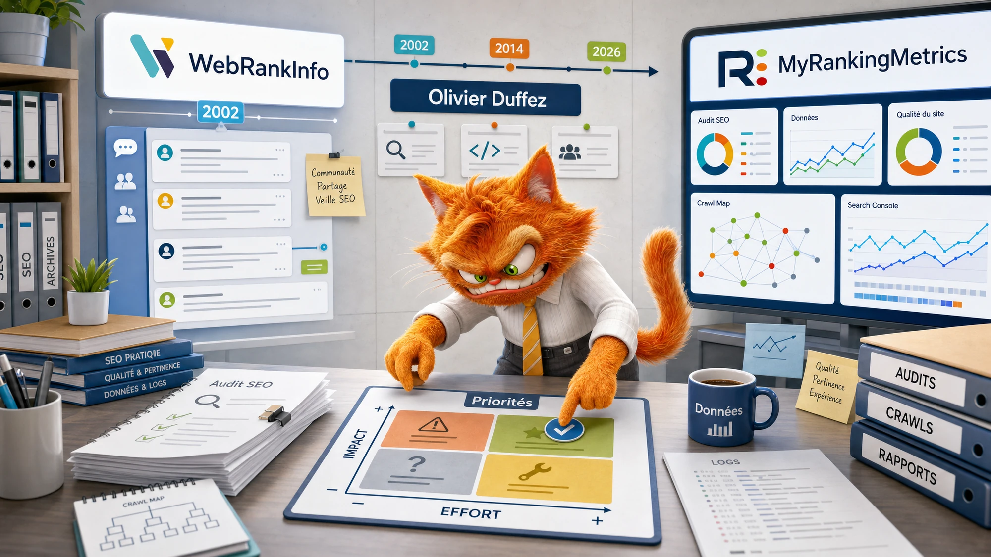 Mascotte ToolsBoxSEO analysant WebRankInfo et MyRankingMetrics comme repères SEO data en 2026.