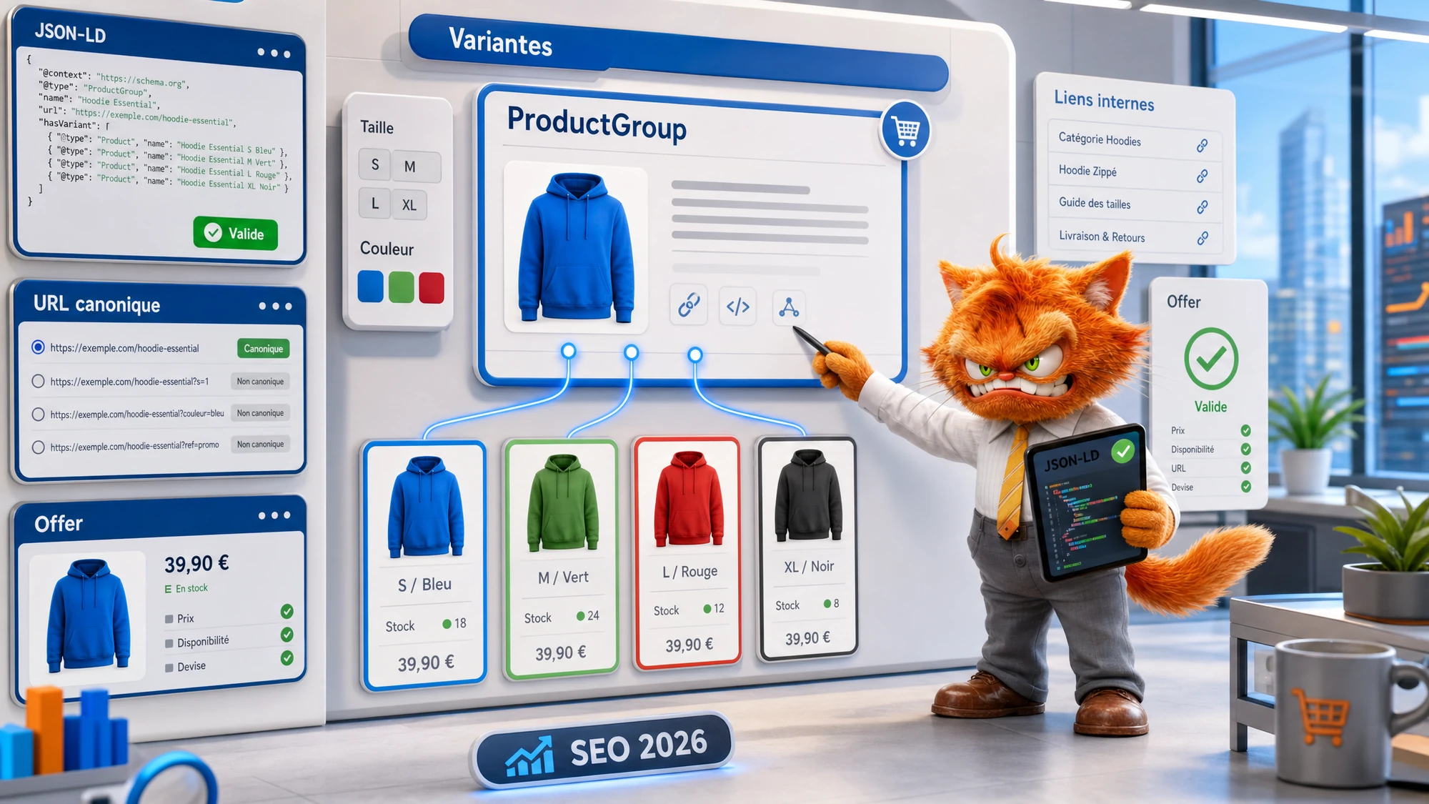 Mascotte ToolsBoxSEO reliant des variantes produit taille, couleur, stock et Offer à un ProductGroup e-commerce.