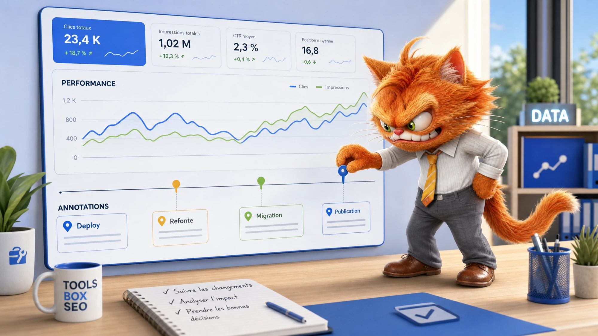 Mascotte ToolsBoxSEO ajoutant une annotation sur une courbe Search Console anonymisée.