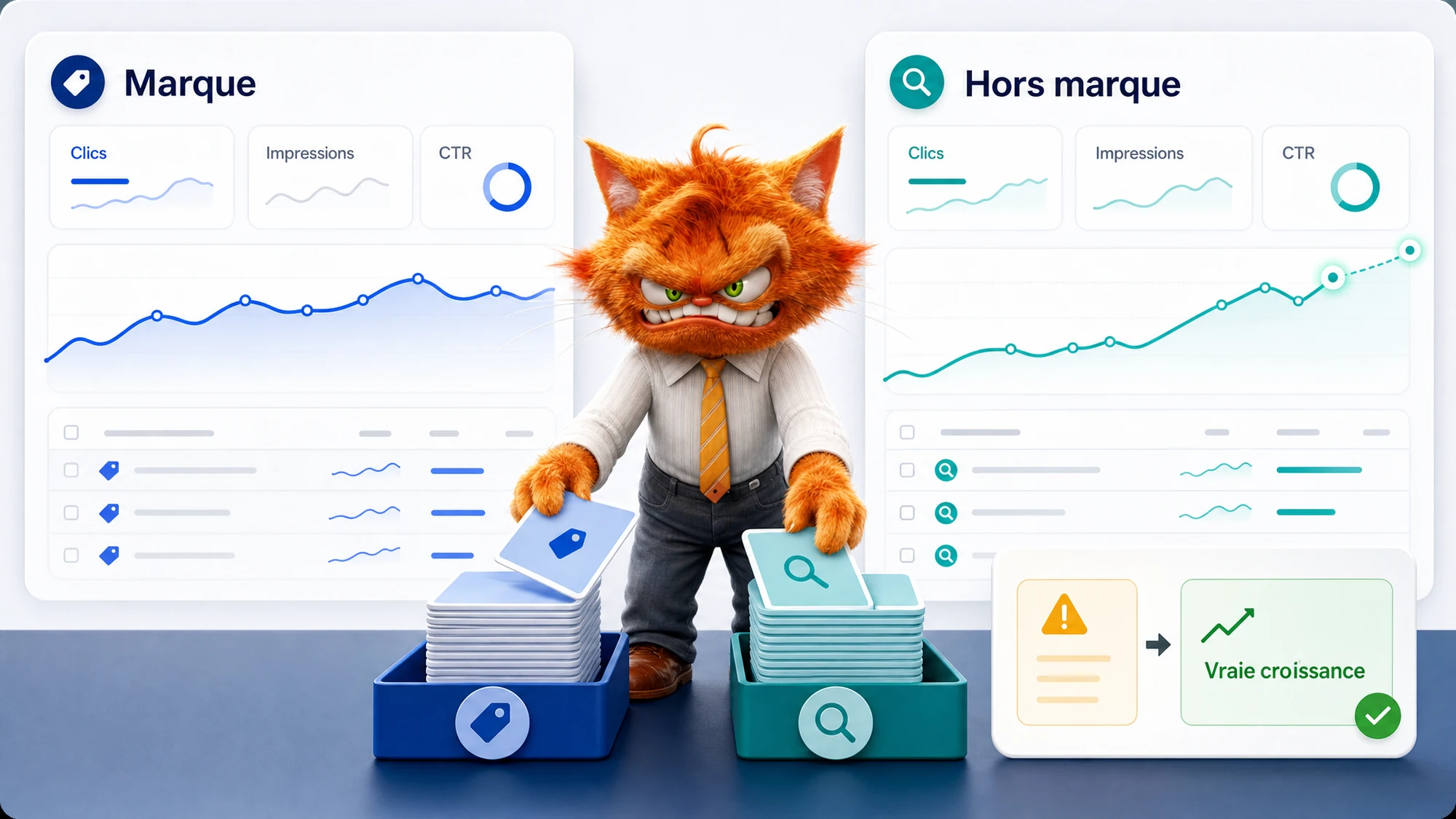 Mascotte ToolsBoxSEO séparant les requêtes de marque et hors marque dans un tableau Search Console anonymisé.