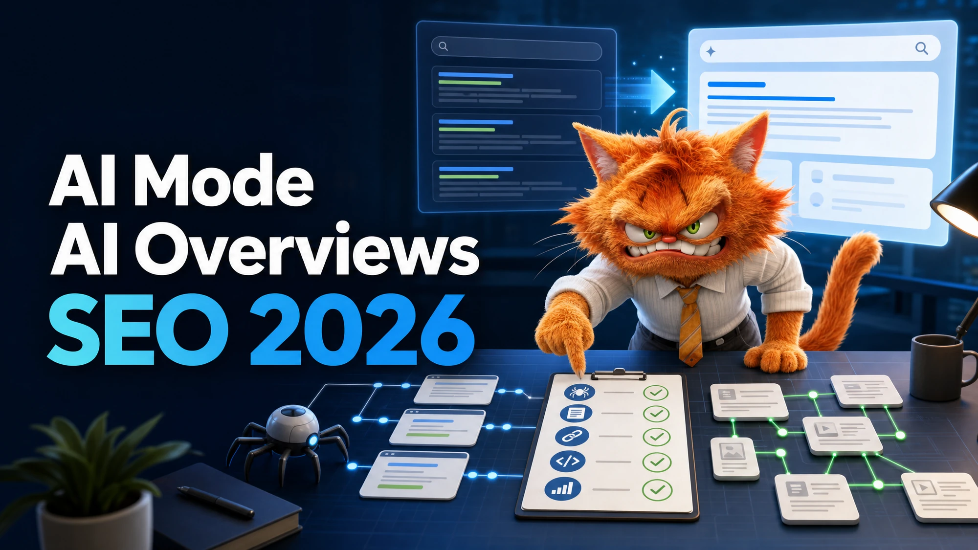 Cover ToolsBoxSEO sur le SEO pour AI Mode et AI Overviews en 2026 avec mascotte analysant une SERP générative.