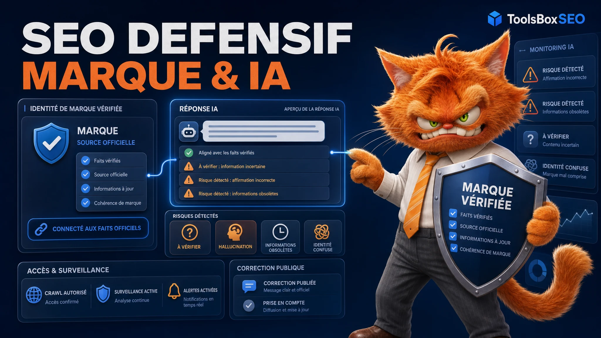 Chat mascotte ToolsBoxSEO protégeant une identité de marque vérifiée face aux réponses IA incertaines.