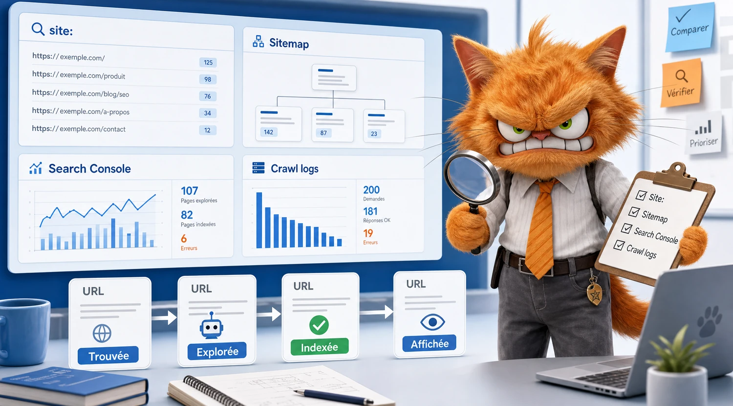 Chat mascotte ToolsBoxSEO comparant la commande site:, le sitemap, Search Console et les logs de crawl.