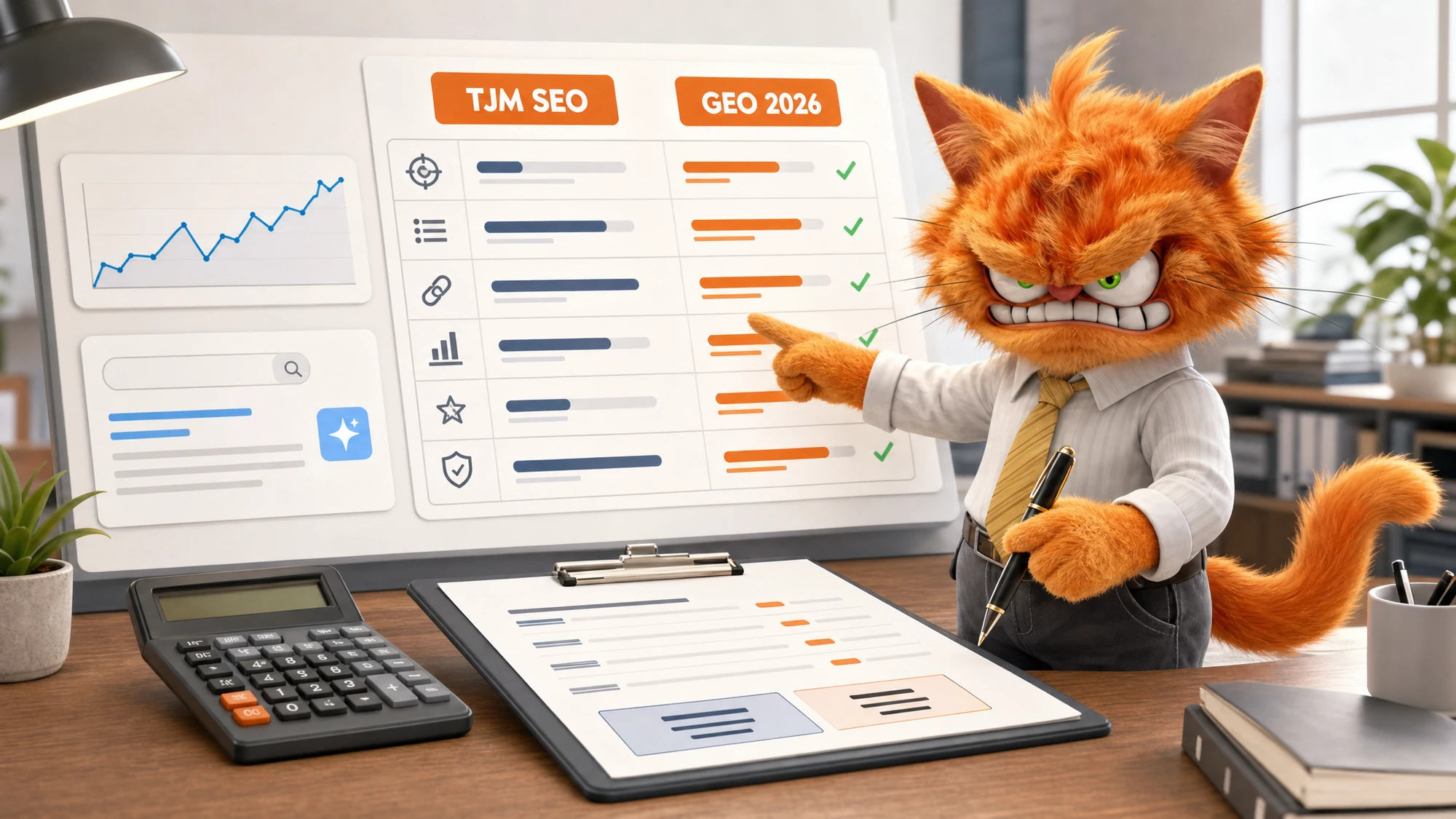 Chat mascotte ToolsBoxSEO comparant un devis SEO, un tarif GEO et un tableau de budget en 2026.