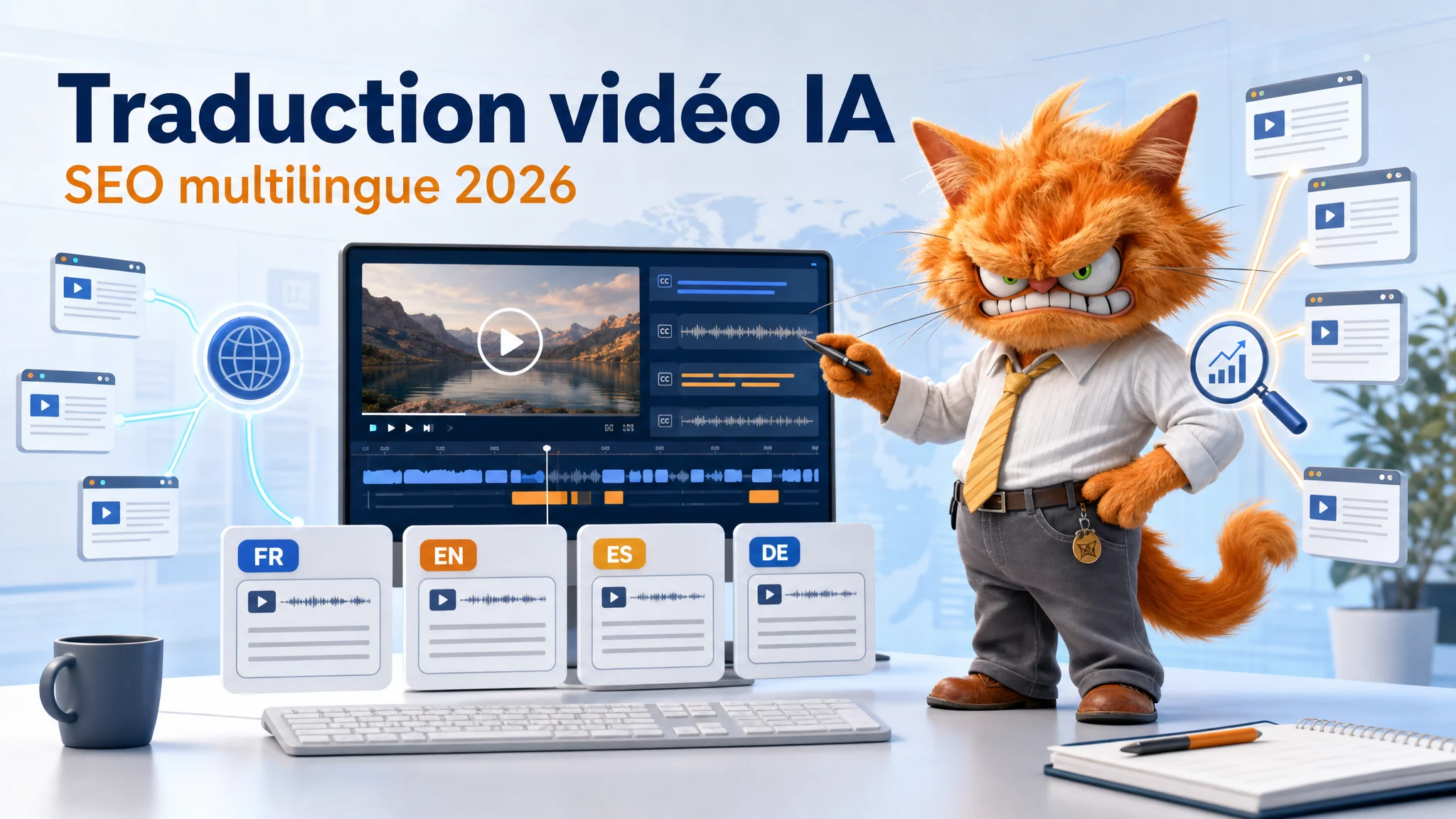 Mascotte chat ToolsBoxSEO analysant une vidéo traduite par IA avec sous-titres, versions FR EN ES DE et signaux SEO multilingues.