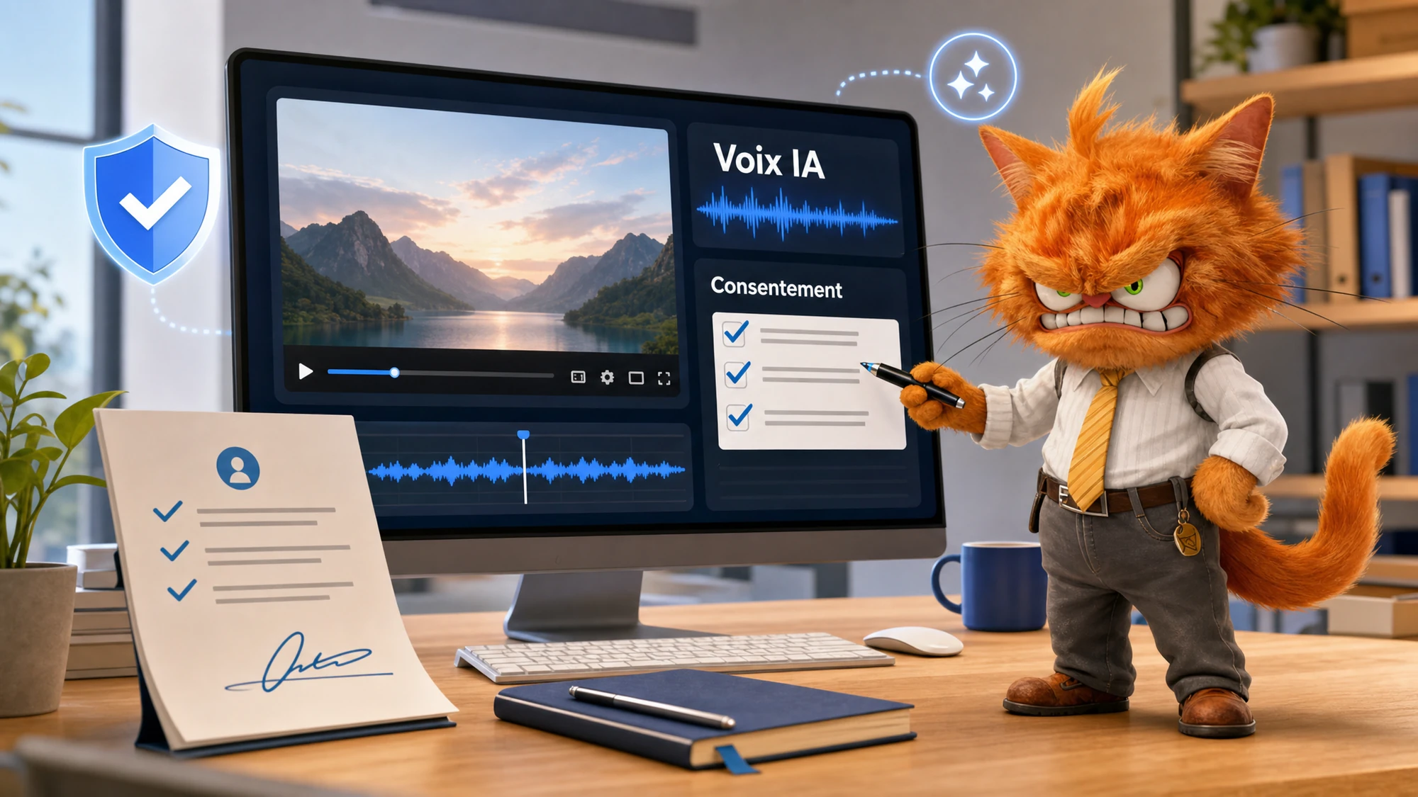Chat mascotte ToolsBoxSEO vérifiant une voix IA, un consentement et une autorisation de diffusion avant publication vidéo.