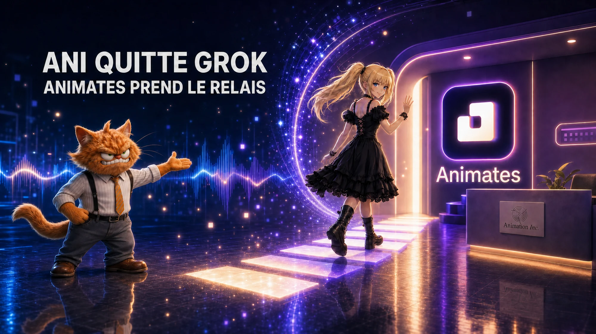 Ani rejoint Animates par une passerelle lumineuse, accompagnée par la mascotte chat ToolsBoxSEO et une onde vocale.
